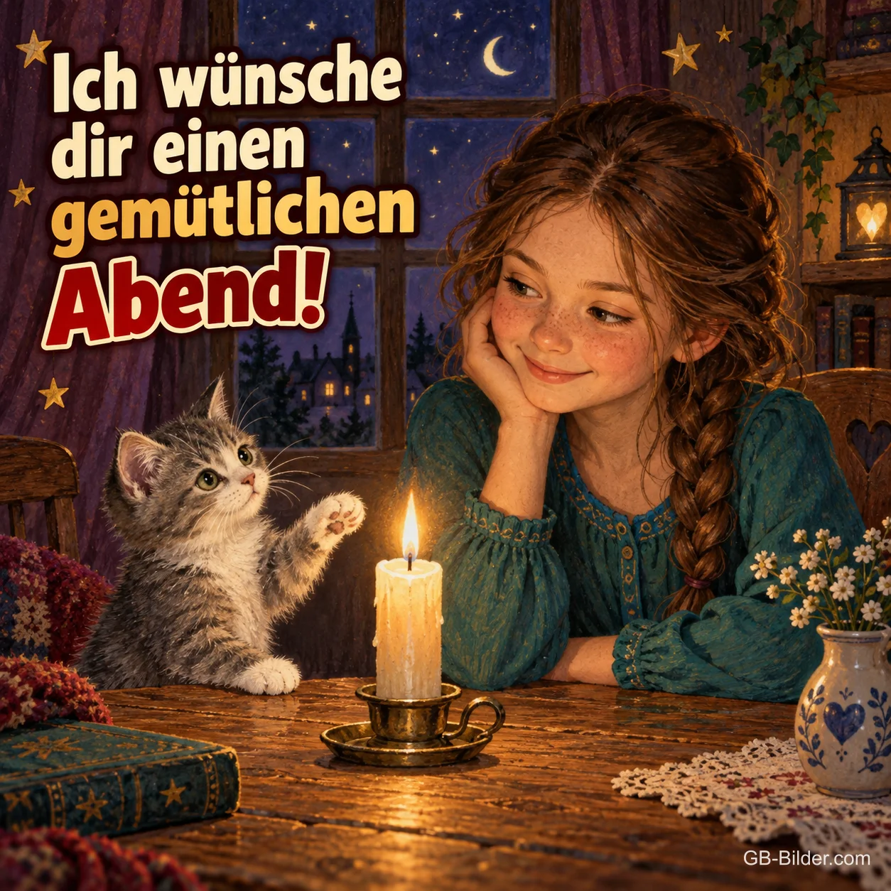 Mädchen und Kätzchen am Tisch bei Kerzenlicht, Text: Ich wünsche dir einen gemütlichen Abend! Mädchen und Kätzchen am Tisch bei Kerzenlicht, Text: Ich wünsche dir einen gemütlichen Abend!