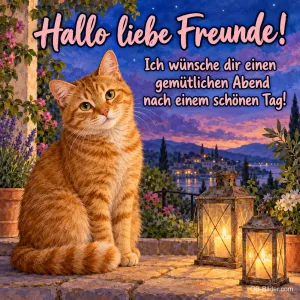 Rote Katze sitzt zwischen Laternen auf einer Terrasse, Text: Hallo liebe Freunde! – Ich wünsche dir einen gemütlichen Abend nach einem schönen Tag!