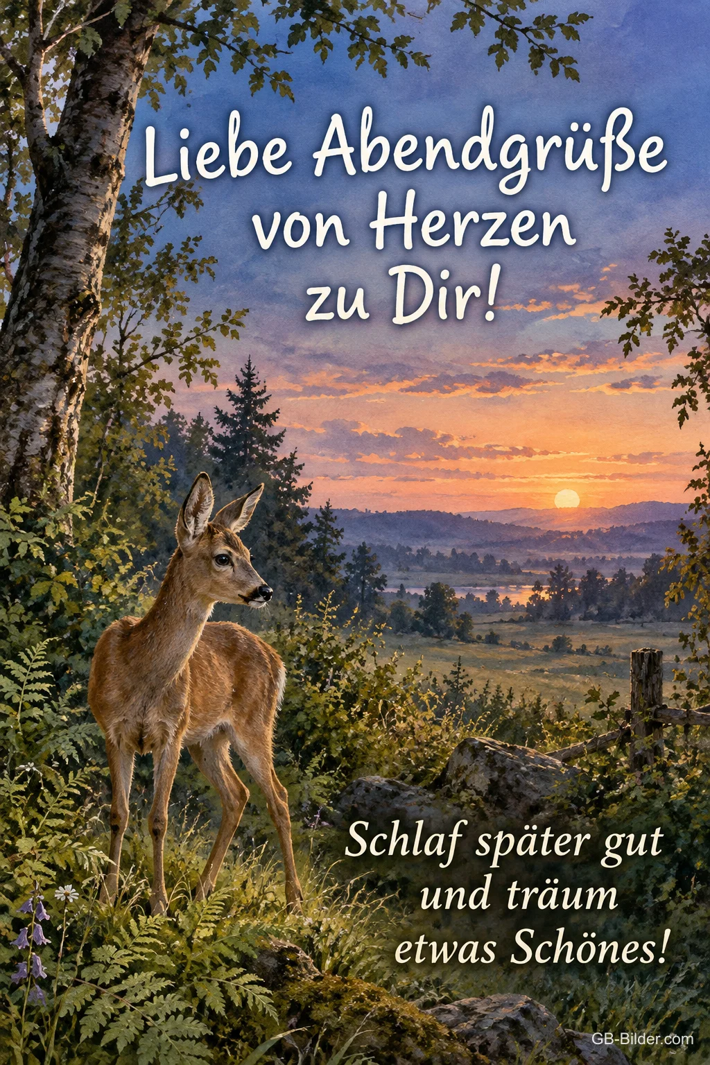 Reh steht am Waldrand vor einem Tal im Sonnenuntergang, Text: Liebe Abendgrüße von Herzen zu Dir! Schlaf später gut und träum etwas Schönes! Reh steht am Waldrand vor einem Tal im Sonnenuntergang, Text: Liebe Abendgrüße von Herzen zu Dir! Schlaf später gut und träum etwas Schönes!