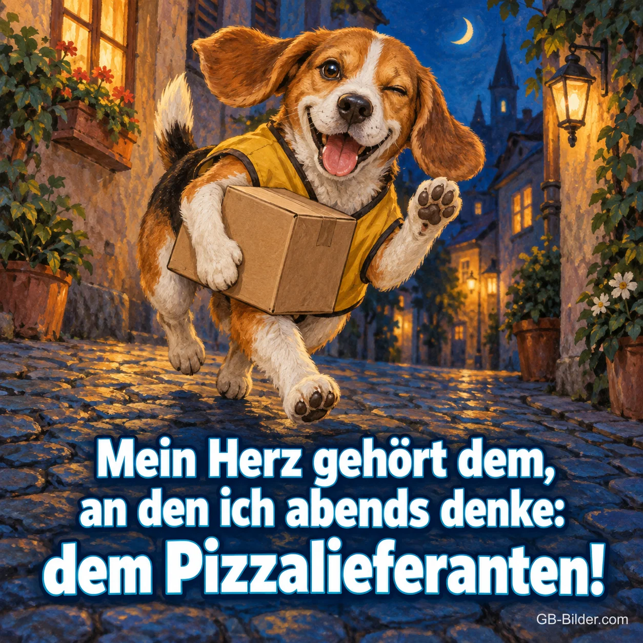 Beagle mit Paket läuft durch eine Gasse am Abend, Text: Mein Herz gehört dem, an den ich abends denke: – dem Pizzalieferanten!