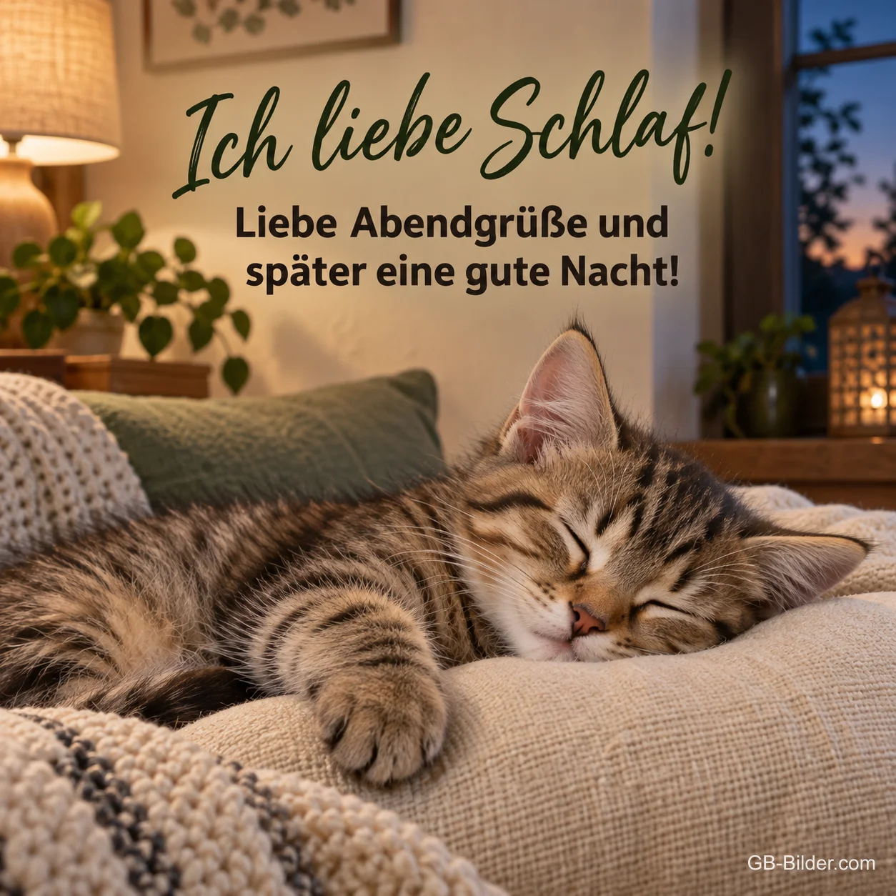 Tigerkätzchen schläft auf einem Kissen, Text: Ich liebe Schlaf! – Liebe Abendgrüße und später eine gute Nacht! Tigerkätzchen schläft auf einem Kissen, Text: Ich liebe Schlaf! – Liebe Abendgrüße und später eine gute Nacht!