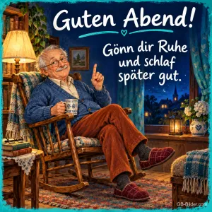 Großvater mit Tasse sitzt im Schaukelstuhl am Fenster, Text: Guten Abend! – Gönn dir Ruhe und schlaf später gut.
