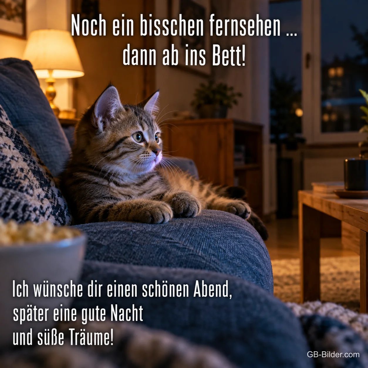Tigerkätzchen schaut auf dem Sofa fern, Text: Noch ein bisschen fernsehen … dann ab ins Bett! – Ich wünsche dir einen schönen Abend, später eine gute Nacht und süße Träume! Tigerkätzchen schaut auf dem Sofa fern, Text: Noch ein bisschen fernsehen … dann ab ins Bett! – Ich wünsche dir einen schönen Abend, später eine gute Nacht und süße Träume!