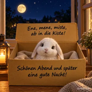 Weißes Häschen sitzt in einem Karton vor dem Nachtfenster, Text: Ene, mene, miste, ab in die Kiste! – Schönen Abend und später eine gute Nacht!