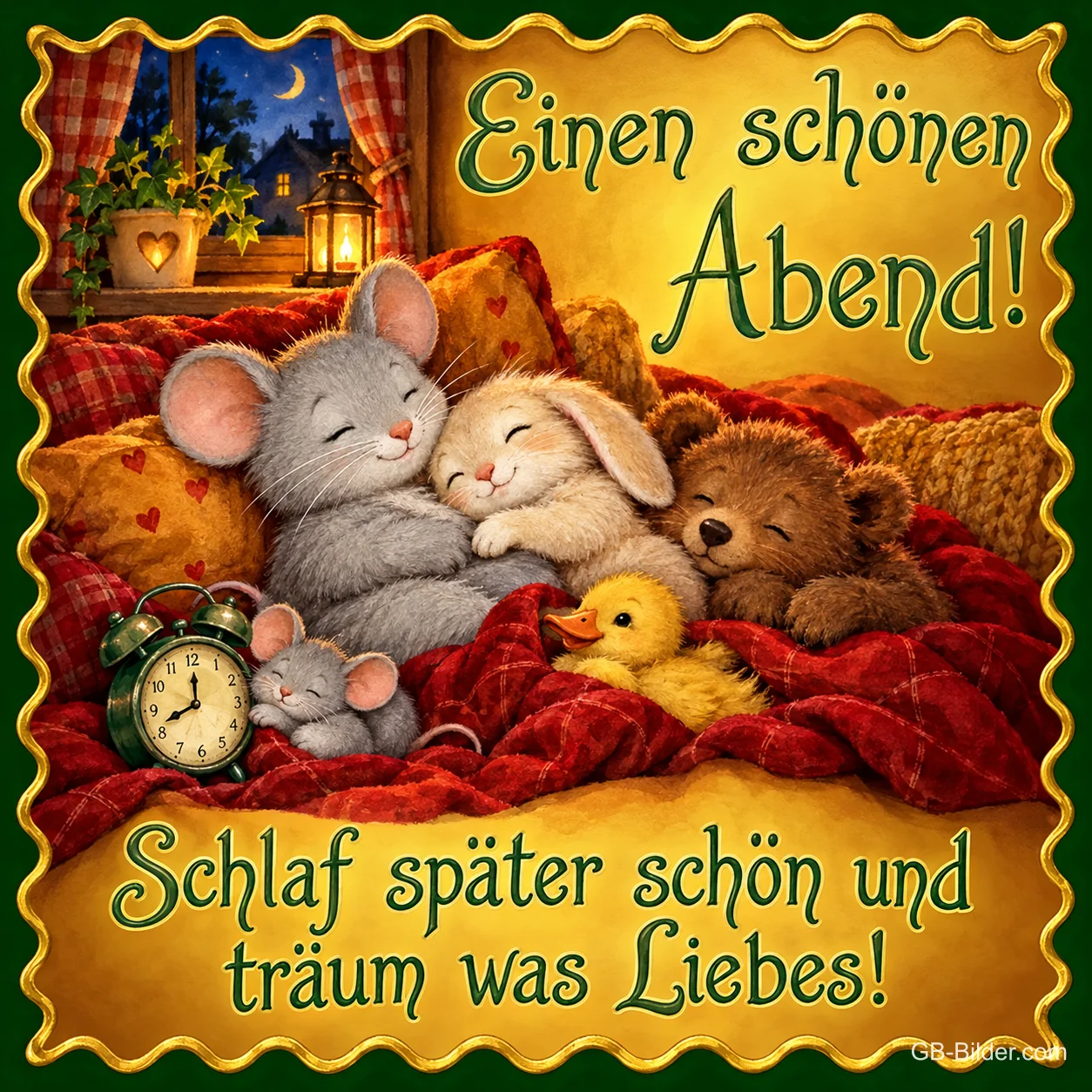 Maus, Hase, Bär und Entchen schlafen unter einer roten Decke, Text: Einen schönen Abend! – Schlaf später schön und träum was Liebes! Maus, Hase, Bär und Entchen schlafen unter einer roten Decke, Text: Einen schönen Abend! – Schlaf später schön und träum was Liebes!