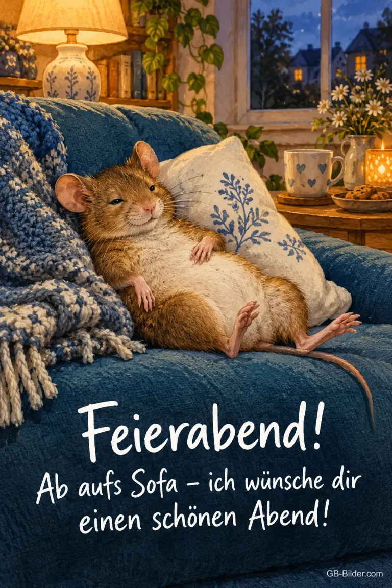 Maus liegt satt auf dem Sofa, Text: Feierabend! – Ab aufs Sofa – ich wünsche dir einen schönen Abend!