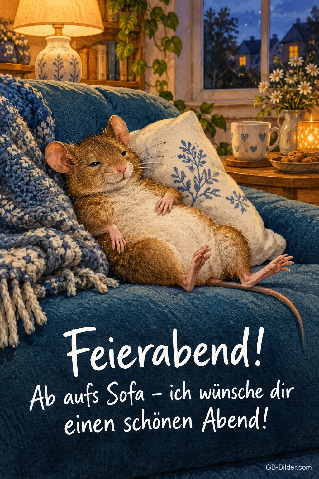 Maus liegt satt auf dem Sofa, Text: Feierabend! – Ab aufs Sofa – ich wünsche dir einen schönen Abend! Maus liegt satt auf dem Sofa, Text: Feierabend! – Ab aufs Sofa – ich wünsche dir einen schönen Abend!