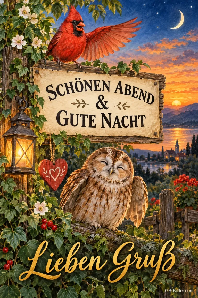 Roter Kardinal auf einem Schild, Eule darunter, Text: SCHÖNEN ABEND & GUTE NACHT – Lieben Gruß