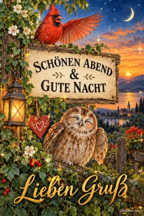 Roter Kardinal auf einem Schild, Eule darunter, Text: SCHÖNEN ABEND & GUTE NACHT – Lieben Gruß Roter Kardinal auf einem Schild, Eule darunter, Text: SCHÖNEN ABEND & GUTE NACHT – Lieben Gruß