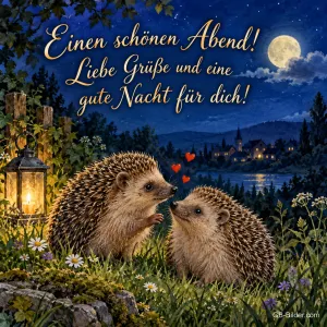 Zwei Igel unter Herzen am nächtlichen See, Text: Einen schönen Abend! – Liebe Grüße und eine gute Nacht für dich!