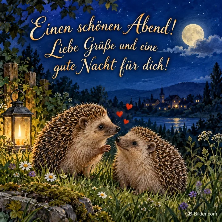 Zwei Igel unter Herzen am nächtlichen See, Text: Einen schönen Abend! – Liebe Grüße und eine gute Nacht für dich! Zwei Igel unter Herzen am nächtlichen See, Text: Einen schönen Abend! – Liebe Grüße und eine gute Nacht für dich!
