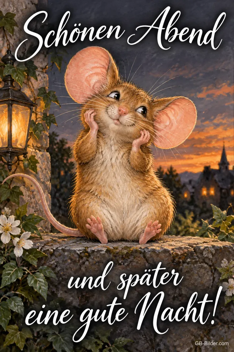 Maus stützt verträumt die Wangen auf einer Mauer im Abendlicht, Text: Schönen Abend und später eine gute Nacht!