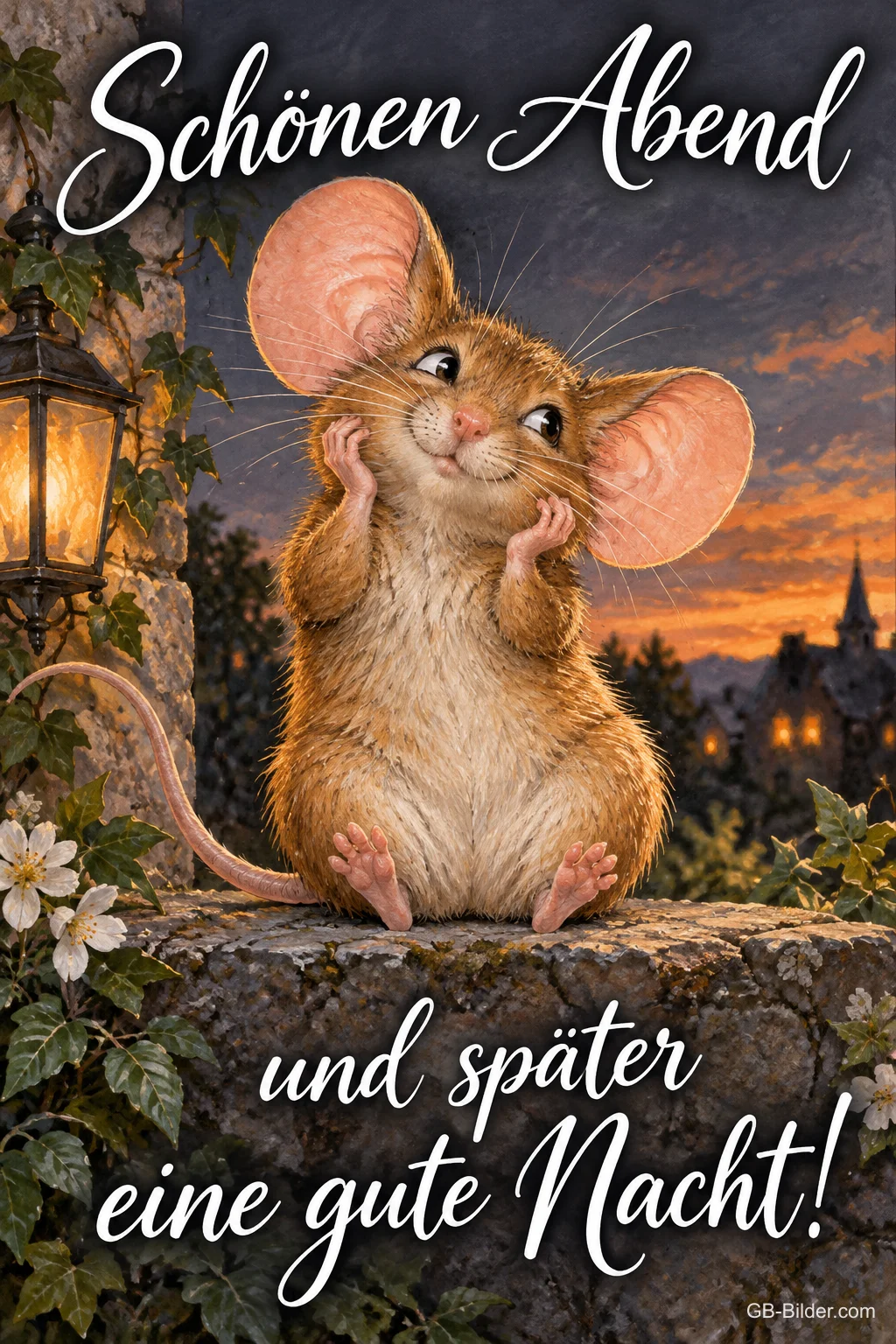 Maus stützt verträumt die Wangen auf einer Mauer im Abendlicht, Text: Schönen Abend und später eine gute Nacht! Maus stützt verträumt die Wangen auf einer Mauer im Abendlicht, Text: Schönen Abend und später eine gute Nacht!