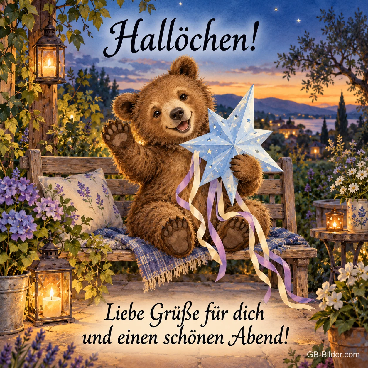 Bär winkt mit einem Stern auf einer Gartenbank, Text: Hallöchen! – Liebe Grüße für dich und einen schönen Abend! Bär winkt mit einem Stern auf einer Gartenbank, Text: Hallöchen! – Liebe Grüße für dich und einen schönen Abend!
