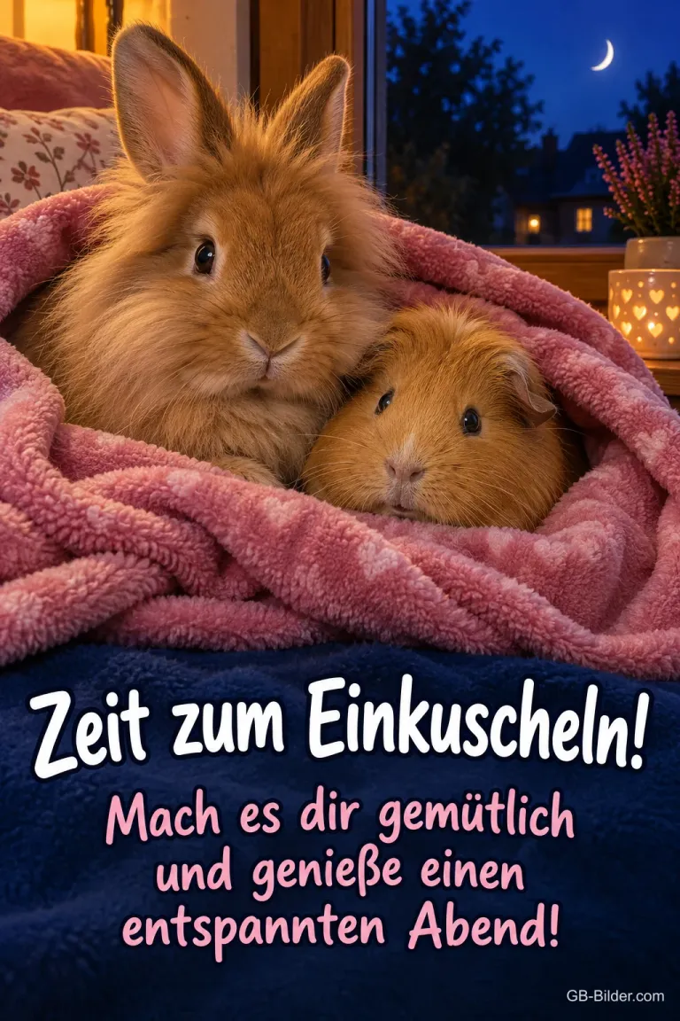 Kaninchen und Meerschweinchen kuscheln in einer rosa Decke, Text: Zeit zum Einkuscheln! – Mach es dir gemütlich und genieße einen entspannten Abend!