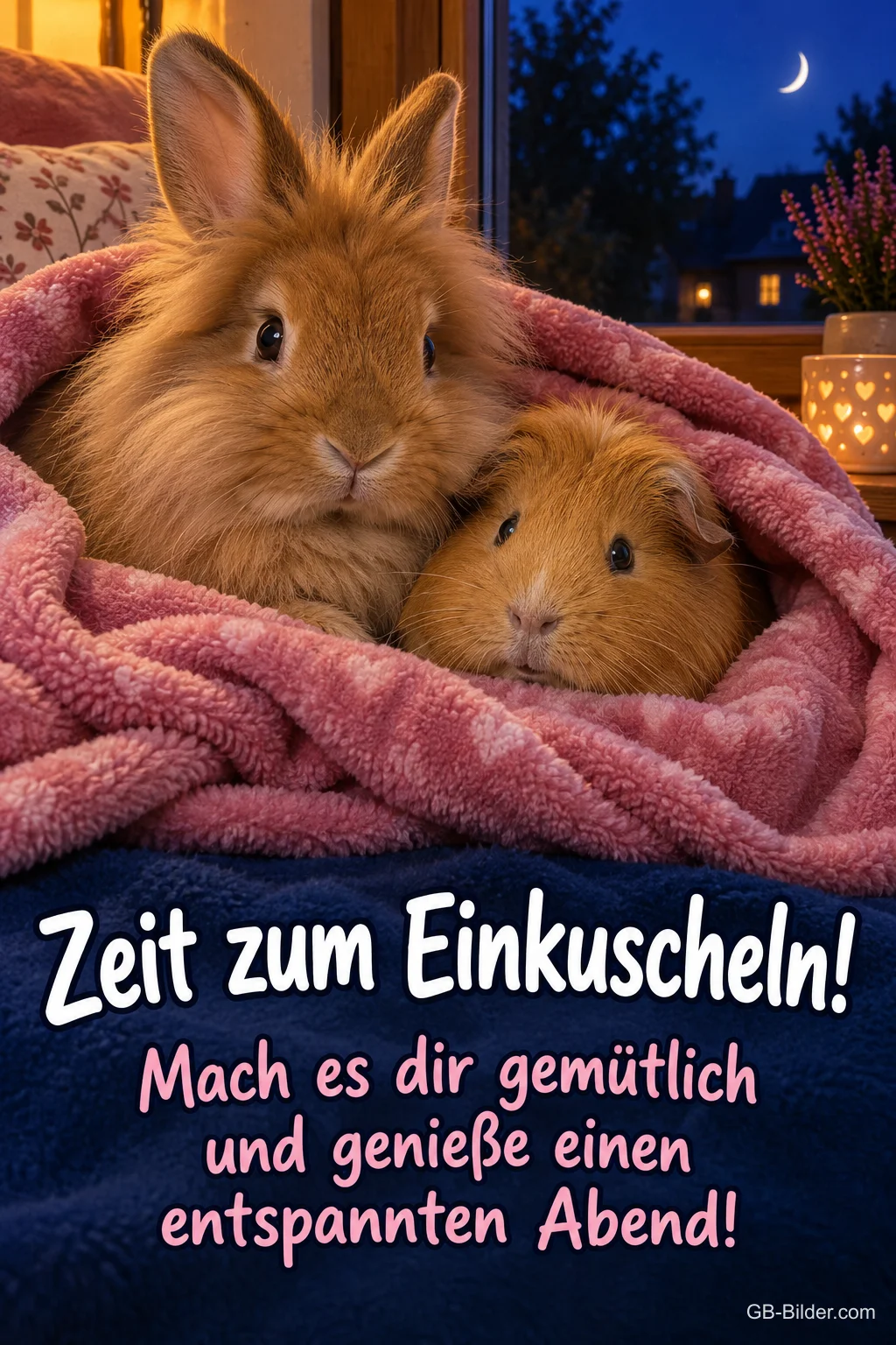 Kaninchen und Meerschweinchen kuscheln in einer rosa Decke, Text: Zeit zum Einkuscheln! – Mach es dir gemütlich und genieße einen entspannten Abend! Kaninchen und Meerschweinchen kuscheln in einer rosa Decke, Text: Zeit zum Einkuscheln! – Mach es dir gemütlich und genieße einen entspannten Abend!