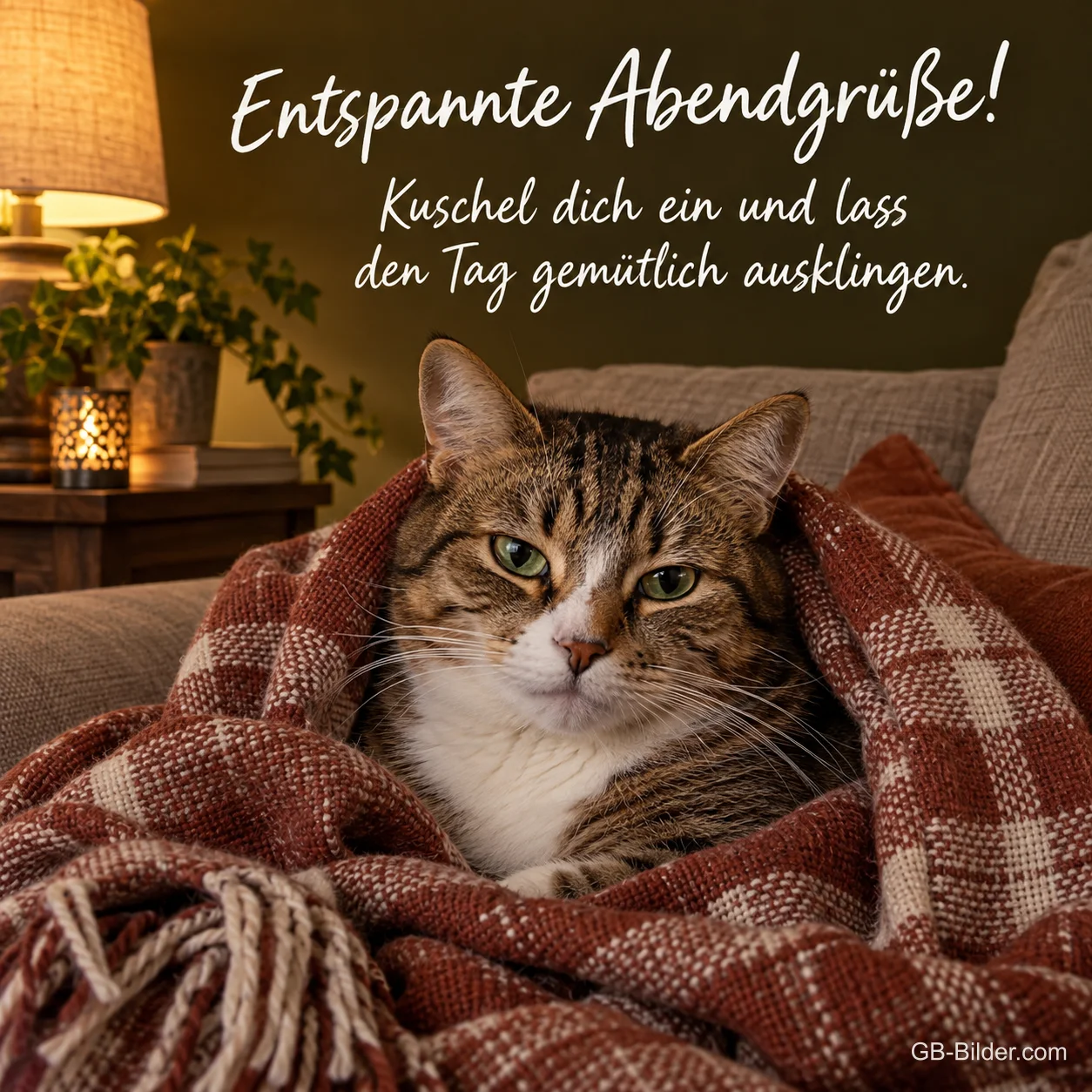 Tigerkatze liegt in einer karierten Decke, Text: Entspannte Abendgrüße! – Kuschel dich ein und lass den Tag gemütlich ausklingen. Tigerkatze liegt in einer karierten Decke, Text: Entspannte Abendgrüße! – Kuschel dich ein und lass den Tag gemütlich ausklingen.