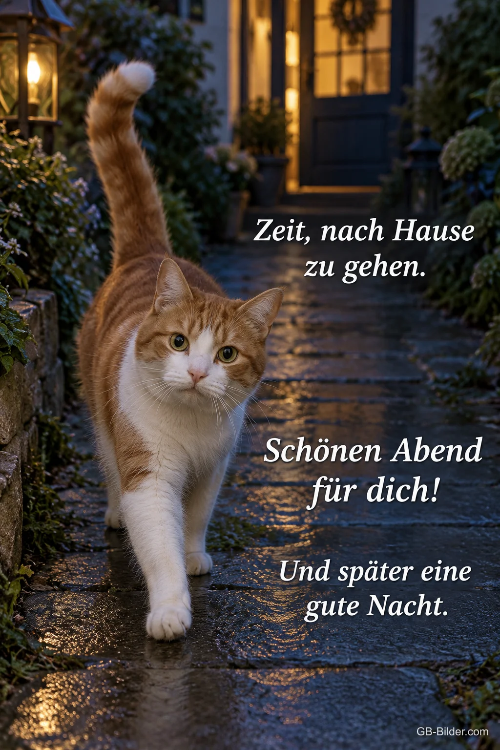 Rote Katze läuft durch eine abendliche Gasse, Text: Zeit, nach Hause zu gehen. – Schönen Abend für dich! Und später eine gute Nacht. Rote Katze läuft durch eine abendliche Gasse, Text: Zeit, nach Hause zu gehen. – Schönen Abend für dich! Und später eine gute Nacht.