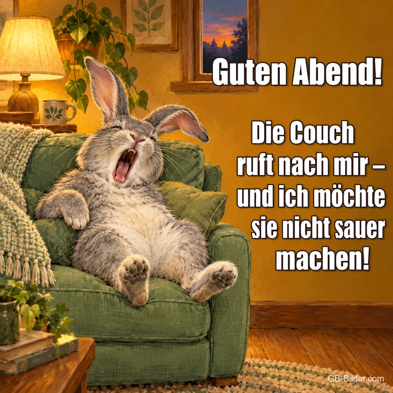 Hase gähnt im Sessel, Text: Guten Abend! – Die Couch ruft nach mir – und ich möchte sie nicht sauer machen! Hase gähnt im Sessel, Text: Guten Abend! – Die Couch ruft nach mir – und ich möchte sie nicht sauer machen!