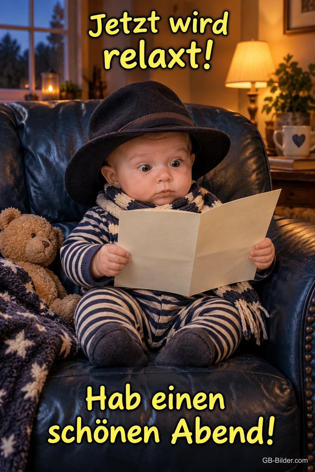 Baby mit Hut liest im Ledersessel, Text: Jetzt wird relaxt! – Hab einen schönen Abend! Baby mit Hut liest im Ledersessel, Text: Jetzt wird relaxt! – Hab einen schönen Abend!