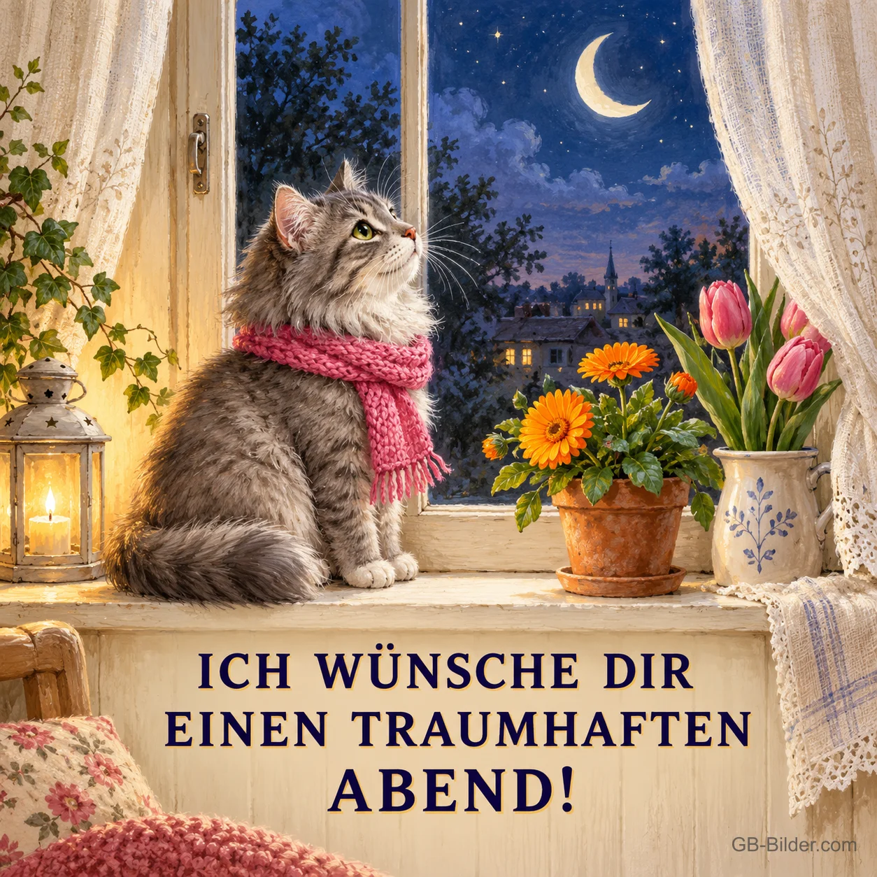 Katze mit Schal sitzt am Fenster mit Blumen, Text: ICH WÜNSCHE DIR EINEN TRAUMHAFTEN ABEND! Katze mit Schal sitzt am Fenster mit Blumen, Text: ICH WÜNSCHE DIR EINEN TRAUMHAFTEN ABEND!
