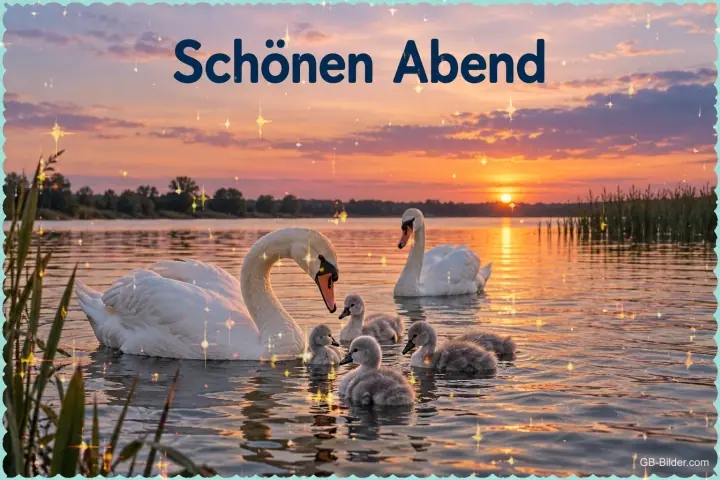 Schwäne mit Küken auf einem See im Sonnenuntergang, Text: Schönen Abend
