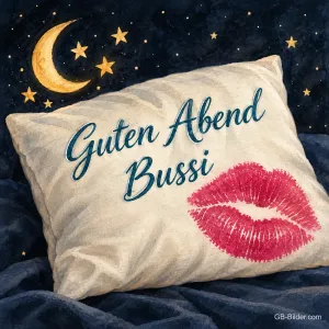 Kissen mit rotem Kussmund unter Mond und Sternen, Text: Guten Abend Bussi