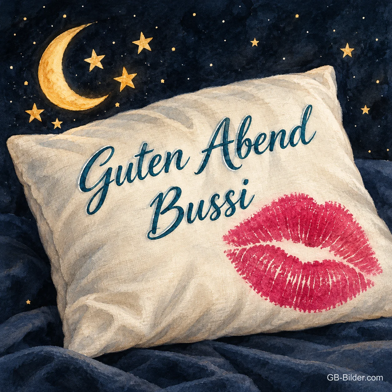 Kissen mit rotem Kussmund unter Mond und Sternen, Text: Guten Abend Bussi