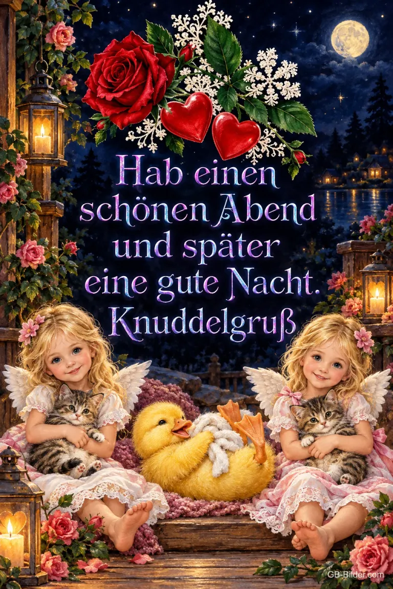 Zwei Engelchen mit Kätzchen und ein schlafendes Küken bei Mondschein, Text: Hab einen schönen Abend und später eine gute Nacht. Knuddelgruß