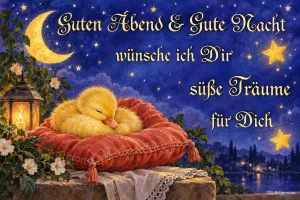 Gelbes Küken schläft auf einem roten Kissen unter Sternen, Text: Guten Abend & Gute Nacht wünsche ich Dir – süße Träume für Dich