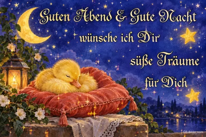 Gelbes Küken schläft auf einem roten Kissen unter Sternen, Text: Guten Abend & Gute Nacht wünsche ich Dir – süße Träume für Dich Gelbes Küken schläft auf einem roten Kissen unter Sternen, Text: Guten Abend & Gute Nacht wünsche ich Dir – süße Träume für Dich