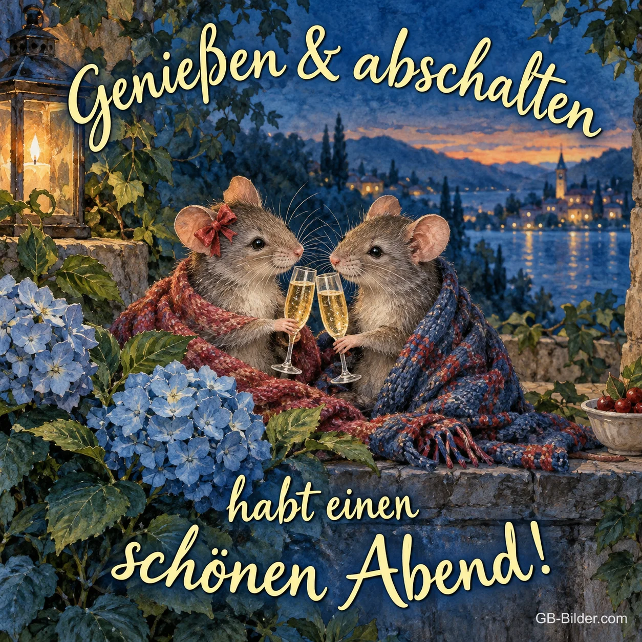 Zwei Mäuse in Decken stoßen mit Sektgläsern am See an, Text: Genießen & abschalten – habt einen schönen Abend! Zwei Mäuse in Decken stoßen mit Sektgläsern am See an, Text: Genießen & abschalten – habt einen schönen Abend!