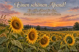 Sonnenblumenfeld bei Sonnenuntergang, Text: Einen schönen Abend! Ein stiller Abend für dich, eine Nacht voller schöner Träume.