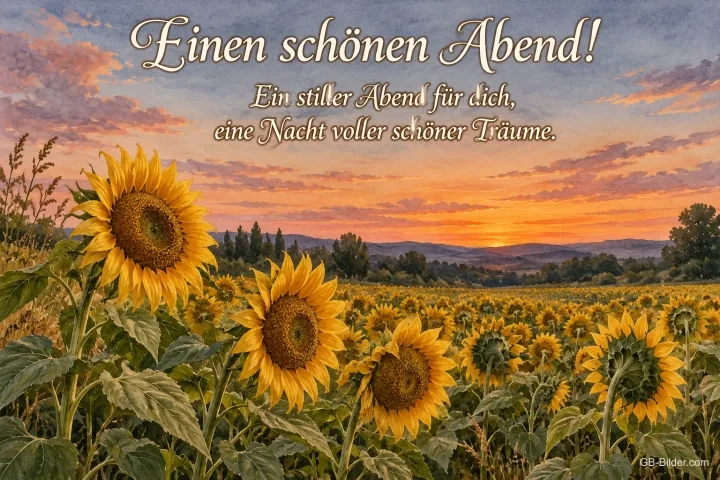 Sonnenblumenfeld bei Sonnenuntergang, Text: Einen schönen Abend! Ein stiller Abend für dich, eine Nacht voller schöner Träume. Sonnenblumenfeld bei Sonnenuntergang, Text: Einen schönen Abend! Ein stiller Abend für dich, eine Nacht voller schöner Träume.