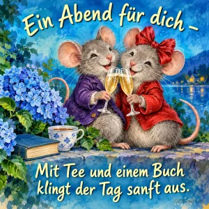 Zwei Mäuse stoßen mit Sekt an, daneben Hortensien, Tee und Buch, Text: Ein Abend für dich – Mit Tee und einem Buch klingt der Tag sanft aus.