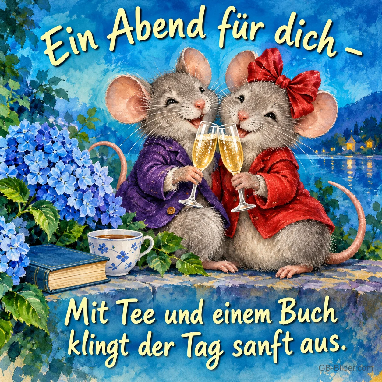 Zwei Mäuse stoßen mit Sekt an, daneben Hortensien, Tee und Buch, Text: Ein Abend für dich – Mit Tee und einem Buch klingt der Tag sanft aus. Zwei Mäuse stoßen mit Sekt an, daneben Hortensien, Tee und Buch, Text: Ein Abend für dich – Mit Tee und einem Buch klingt der Tag sanft aus.