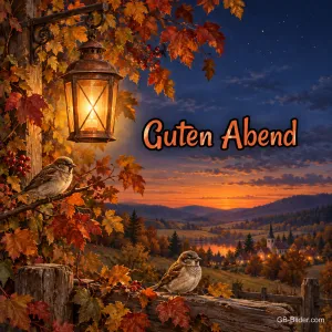 Laterne zwischen Herbstlaub mit Spatzen über einer Abendlandschaft, Text: Guten Abend