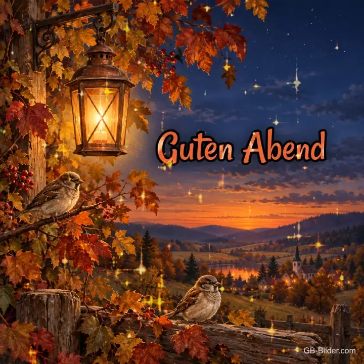 Laterne zwischen Herbstlaub mit Spatzen über einer Abendlandschaft, Text: Guten Abend Laterne zwischen Herbstlaub mit Spatzen über einer Abendlandschaft, Text: Guten Abend