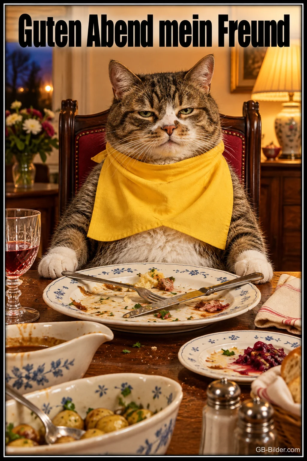 Satte Katze mit gelbem Lätzchen sitzt vor leeren Tellern am Esstisch, Text: Guten Abend mein Freund Satte Katze mit gelbem Lätzchen sitzt vor leeren Tellern am Esstisch, Text: Guten Abend mein Freund