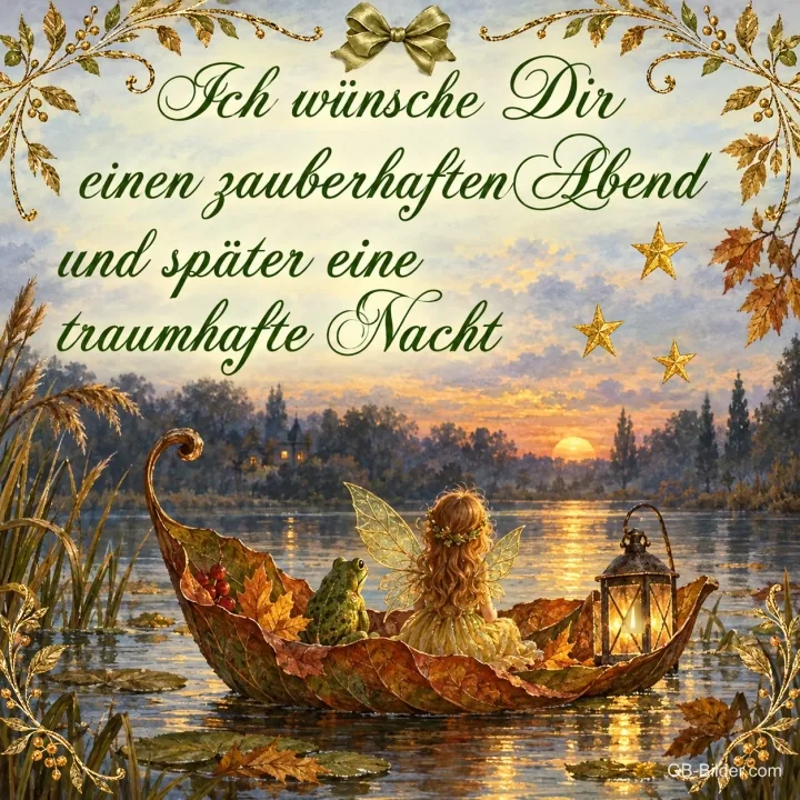 Fee und Frosch in einem Boot aus einem Blatt auf dem See, Text: Ich wünsche Dir einen zauberhaften Abend und später eine traumhafte Nacht Fee und Frosch in einem Boot aus einem Blatt auf dem See, Text: Ich wünsche Dir einen zauberhaften Abend und später eine traumhafte Nacht