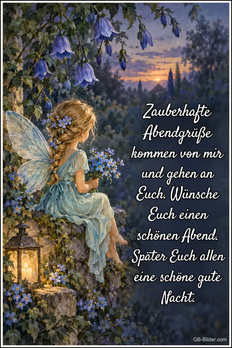 Fee mit Blumen sitzt neben einer Laterne unter Glockenblumen, Text: Zauberhafte Abendgrüße kommen von mir und gehen an Euch. Wünsche Euch einen schönen Abend. Später Euch allen eine schöne gute Nacht.