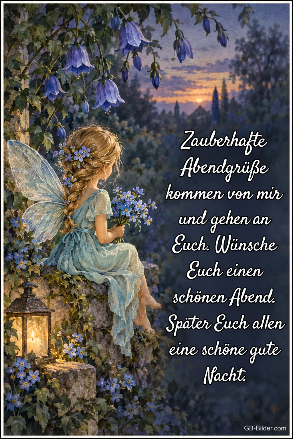 Fee mit Blumen sitzt neben einer Laterne unter Glockenblumen, Text: Zauberhafte Abendgrüße kommen von mir und gehen an Euch. Wünsche Euch einen schönen Abend. Später Euch allen eine schöne gute Nacht. Fee mit Blumen sitzt neben einer Laterne unter Glockenblumen, Text: Zauberhafte Abendgrüße kommen von mir und gehen an Euch. Wünsche Euch einen schönen Abend. Später Euch allen eine schöne gute Nacht.