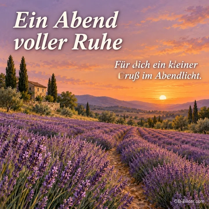 Lavendelfeld mit Zypressen bei Sonnenuntergang, Text: Ein Abend voller Ruhe – Für dich ein kleiner Gruß im Abendlicht. Lavendelfeld mit Zypressen bei Sonnenuntergang, Text: Ein Abend voller Ruhe – Für dich ein kleiner Gruß im Abendlicht.