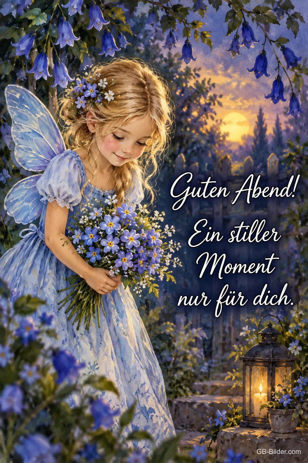 Kleine Elfe mit Vergissmeinnicht-Strauß unter Glockenblumen im Abendlicht, Text: Guten Abend! Ein stiller Moment nur für dich. Kleine Elfe mit Vergissmeinnicht-Strauß unter Glockenblumen im Abendlicht, Text: Guten Abend! Ein stiller Moment nur für dich.