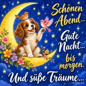 Spaniel-Welpe sitzt auf der Mondsichel zwischen Blumen und Vögeln, Text: Schönen Abend… Gute Nacht… bis morgen. Und süße Träume…