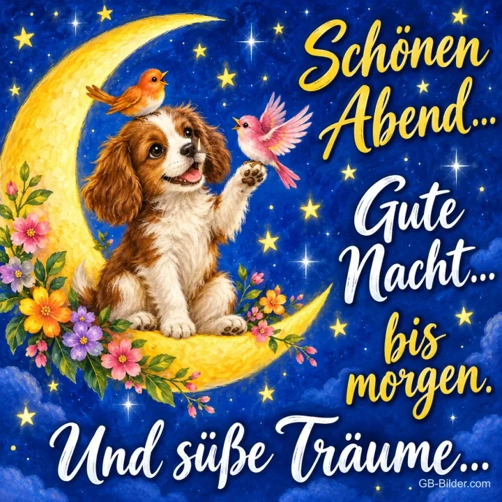 Spaniel-Welpe sitzt auf der Mondsichel zwischen Blumen und Vögeln, Text: Schönen Abend… Gute Nacht… bis morgen. Und süße Träume… Spaniel-Welpe sitzt auf der Mondsichel zwischen Blumen und Vögeln, Text: Schönen Abend… Gute Nacht… bis morgen. Und süße Träume…