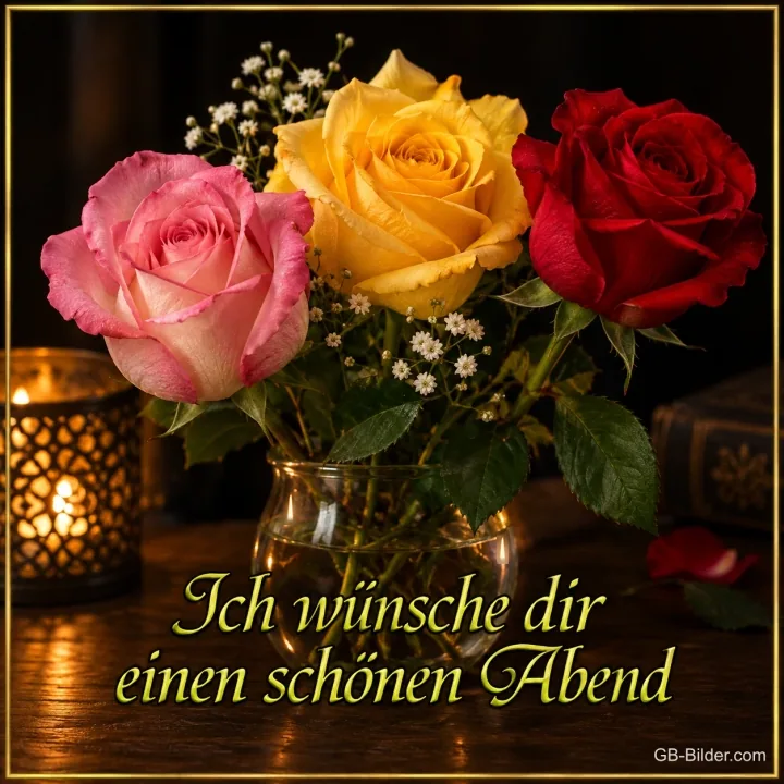 Rosa, gelbe und rote Rosen in einer Vase neben Kerzen, Text: Ich wünsche dir einen schönen Abend Rosa, gelbe und rote Rosen in einer Vase neben Kerzen, Text: Ich wünsche dir einen schönen Abend