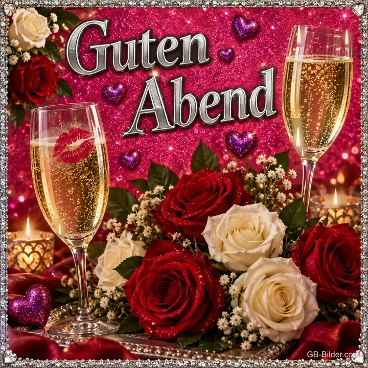 Zwei Sektgläser mit roten und weißen Rosen, Kerzen und Herzen, Text: Guten Abend Zwei Sektgläser mit roten und weißen Rosen, Kerzen und Herzen, Text: Guten Abend