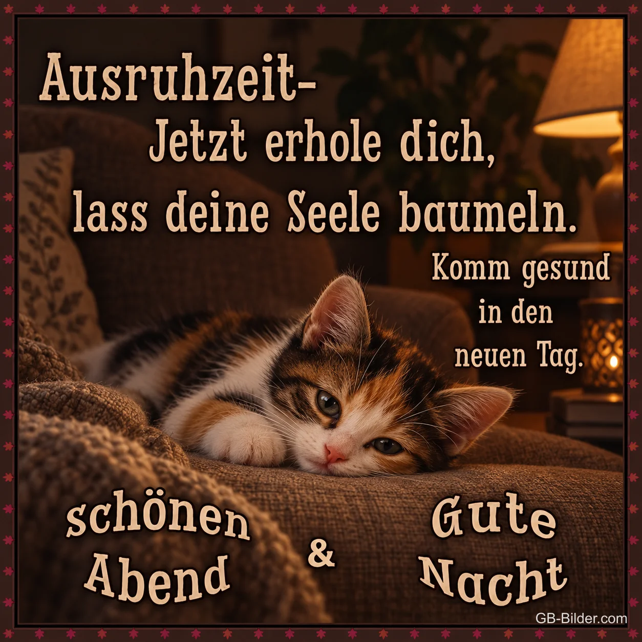 Dreifarbiges Kätzchen liegt auf einer Decke im Lampenlicht, Text: Ausruhzeit – Jetzt erhole dich, lass deine Seele baumeln. Komm gesund in den neuen Tag. Schönen Abend & Gute Nacht Dreifarbiges Kätzchen liegt auf einer Decke im Lampenlicht, Text: Ausruhzeit – Jetzt erhole dich, lass deine Seele baumeln. Komm gesund in den neuen Tag. Schönen Abend & Gute Nacht
