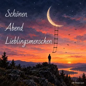 Person steht auf einem Felsen unter einer Leiter zur Mondsichel, Text: Schönen Abend Lieblingsmenschen